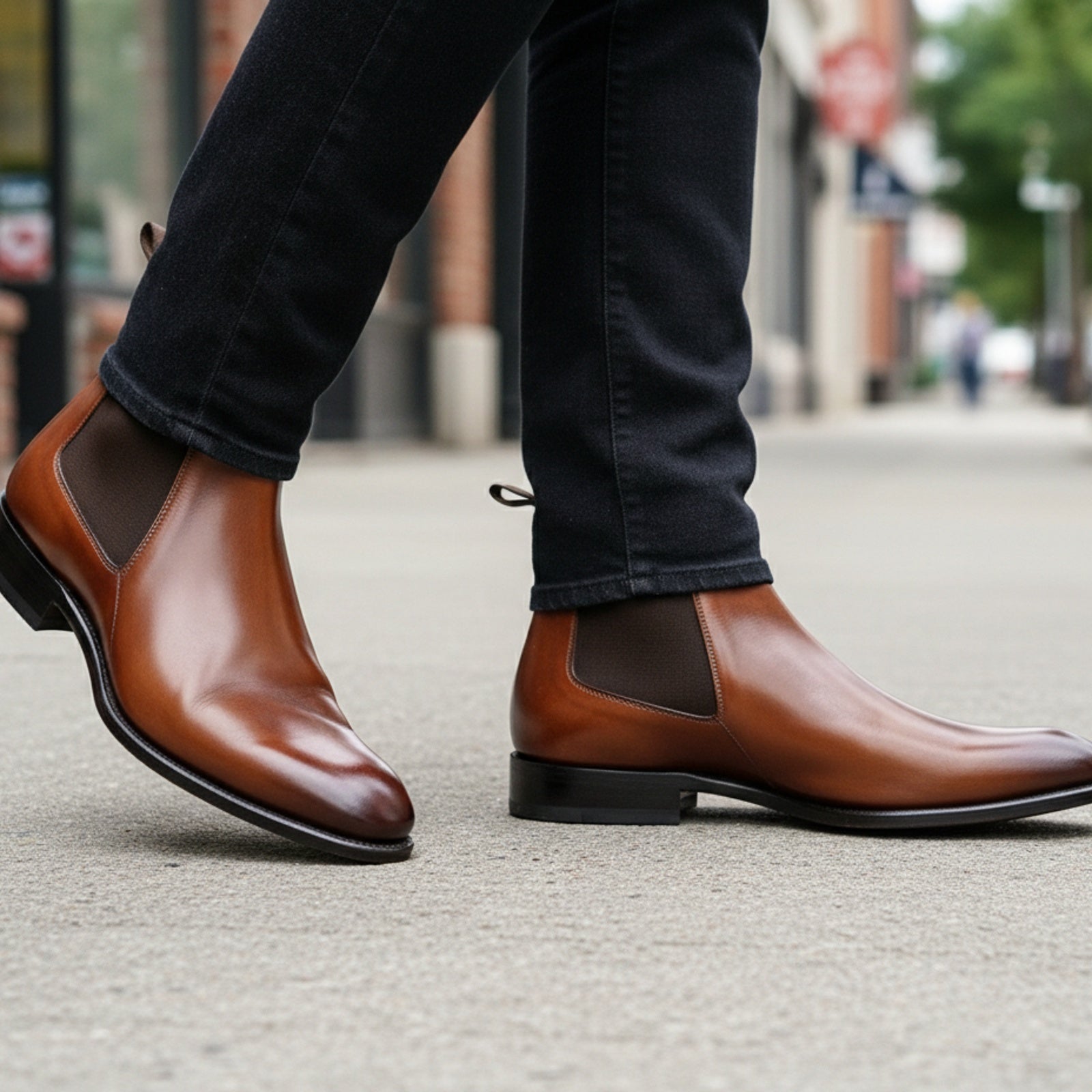 model-walking-street - Men's Brown Leather Chelsea Boots