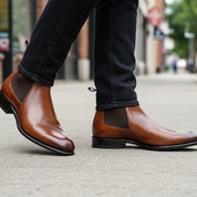 model-walking-street - Men's Brown Leather Chelsea Boots