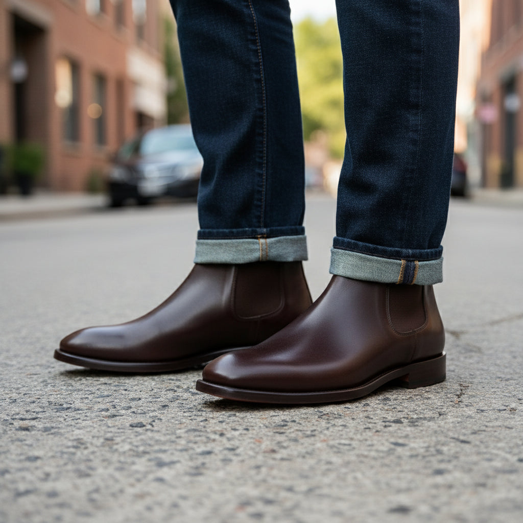 model-walking-street - Men's Brown Leather Chelsea Boots