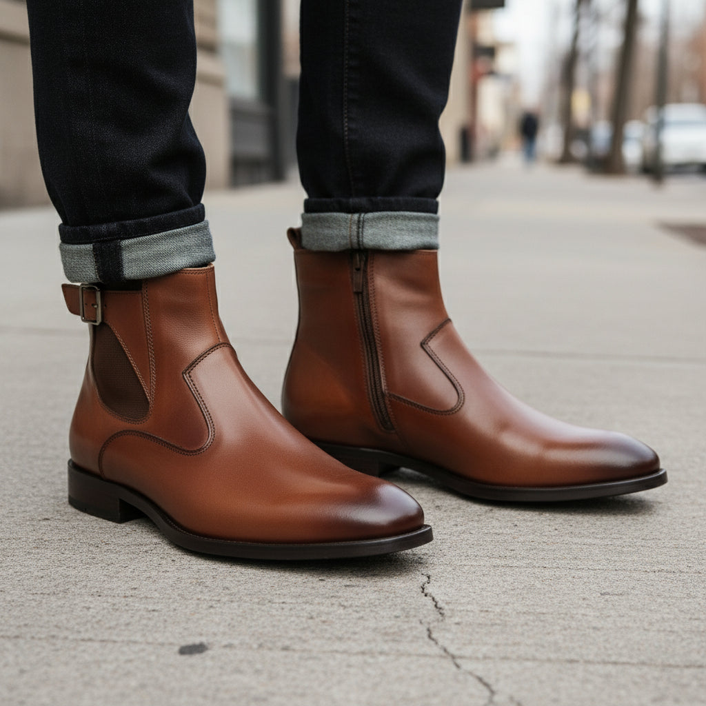 model-walking-street - Men's Brown Leather Chelsea Boots