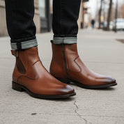 model-walking-street - Men's Brown Leather Chelsea Boots