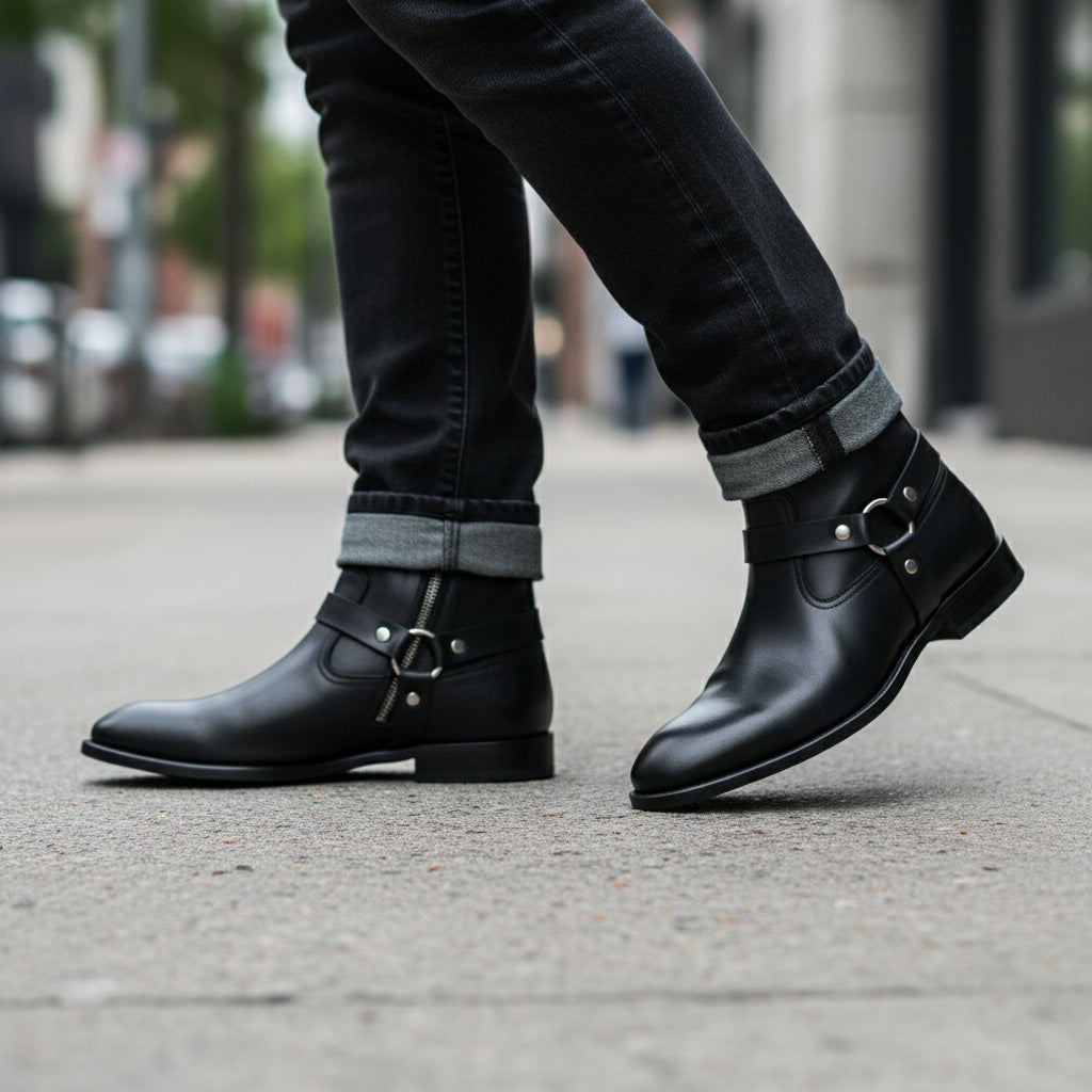 model-walking-street - Men's Brown Leather Chelsea Zipper Boots