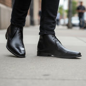 model-walking-street - Men's Brown Leather Chukka Ankle Boots