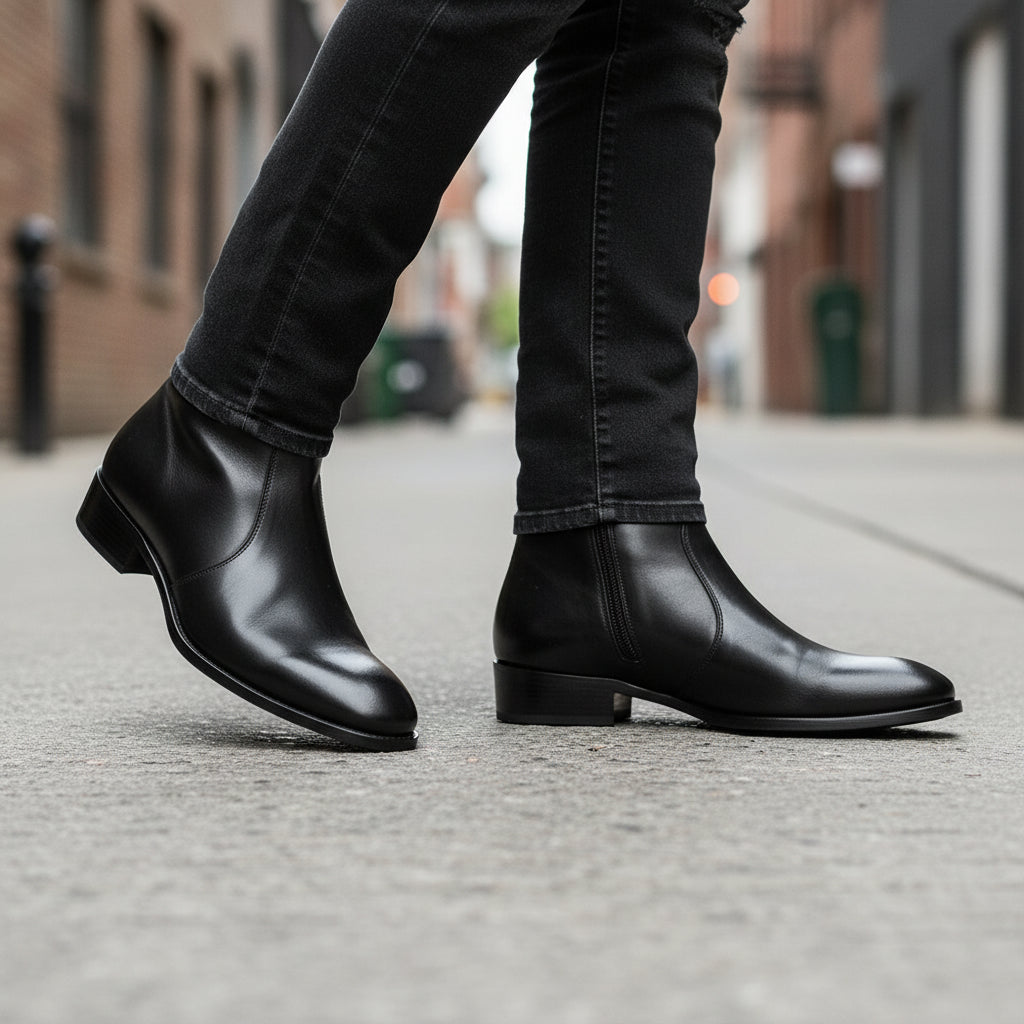 model-walking-street - Men's Brown Leather Classic Boots