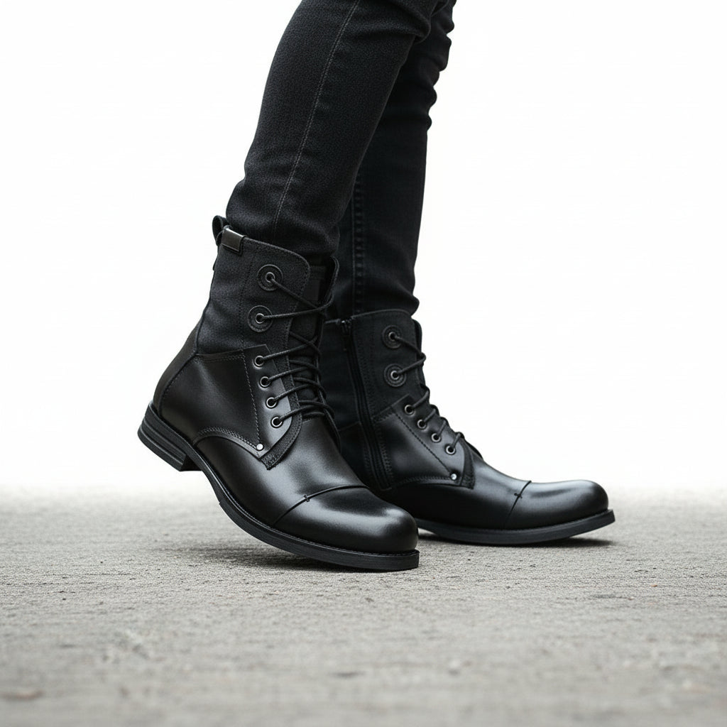 model-walking-street - Men's Brown Leather Combat Boots