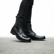 model-walking-street - Men's Brown Leather Combat Boots