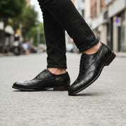model-walking-street - Men's Brown Leather Crocodile-Pattern Oxfords
