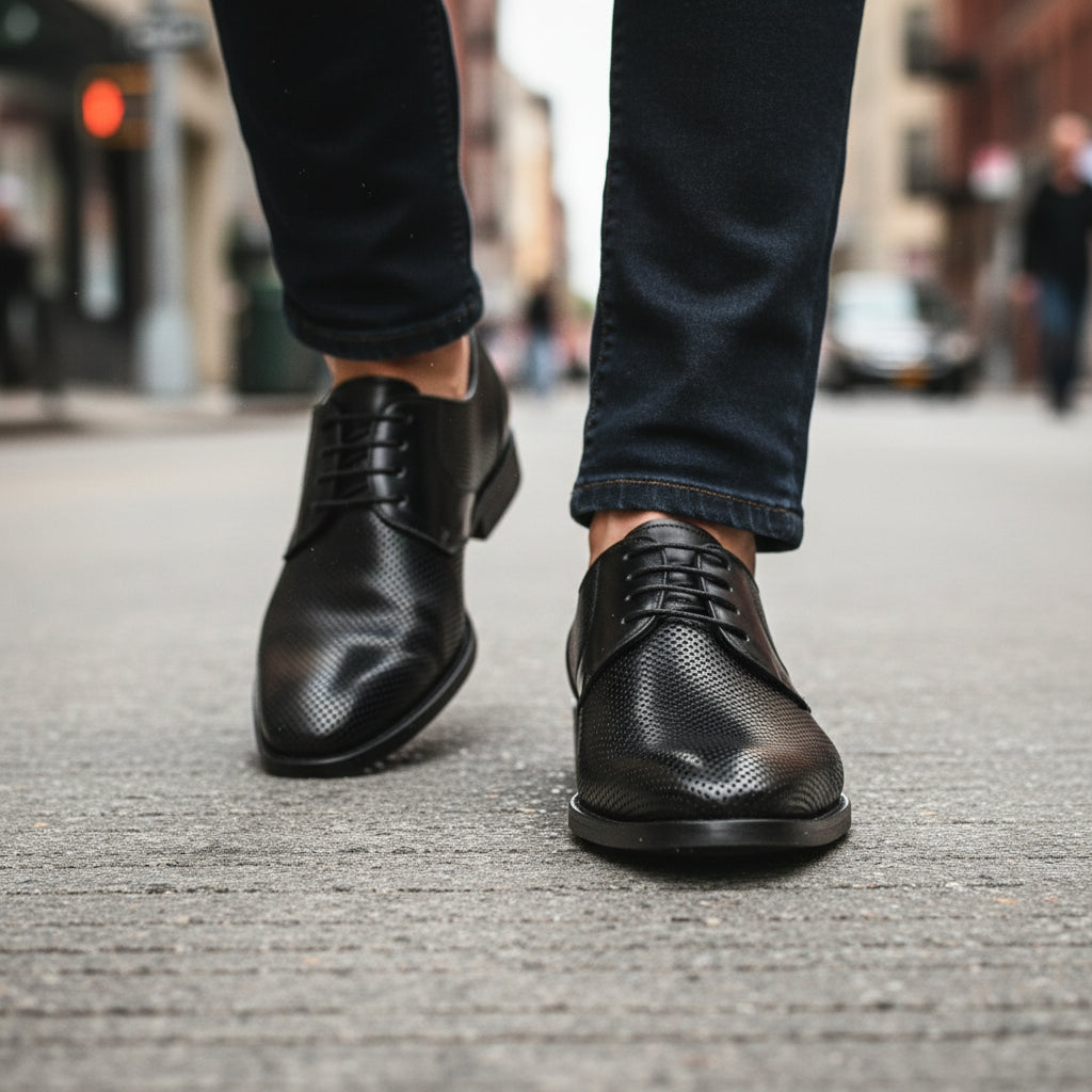 model-walking-street - Men's Brown Leather Derby Shoes