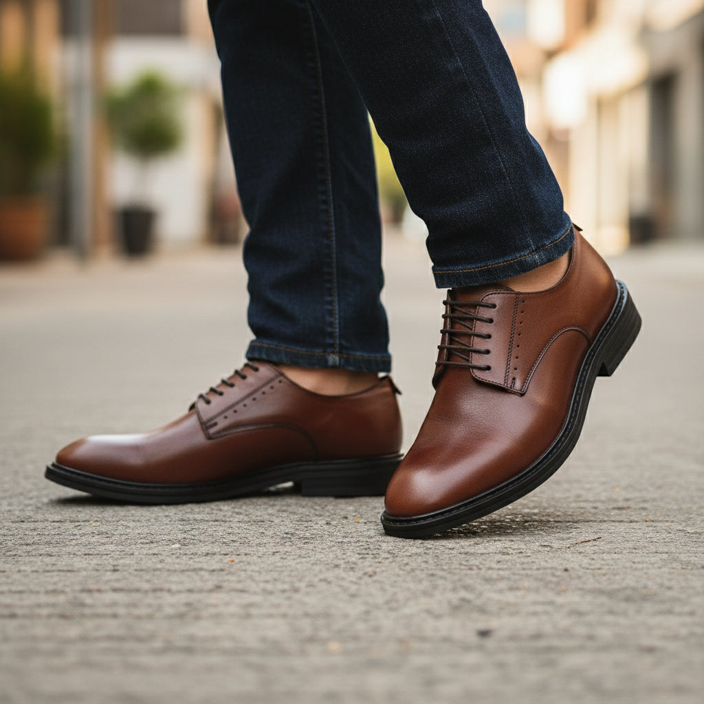 model-walking-street - Men's Brown Leather Derby Shoes