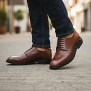 model-walking-street - Men's Brown Leather Derby Shoes