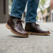 model-walking-street - Men's Brown Leather Desert Boots