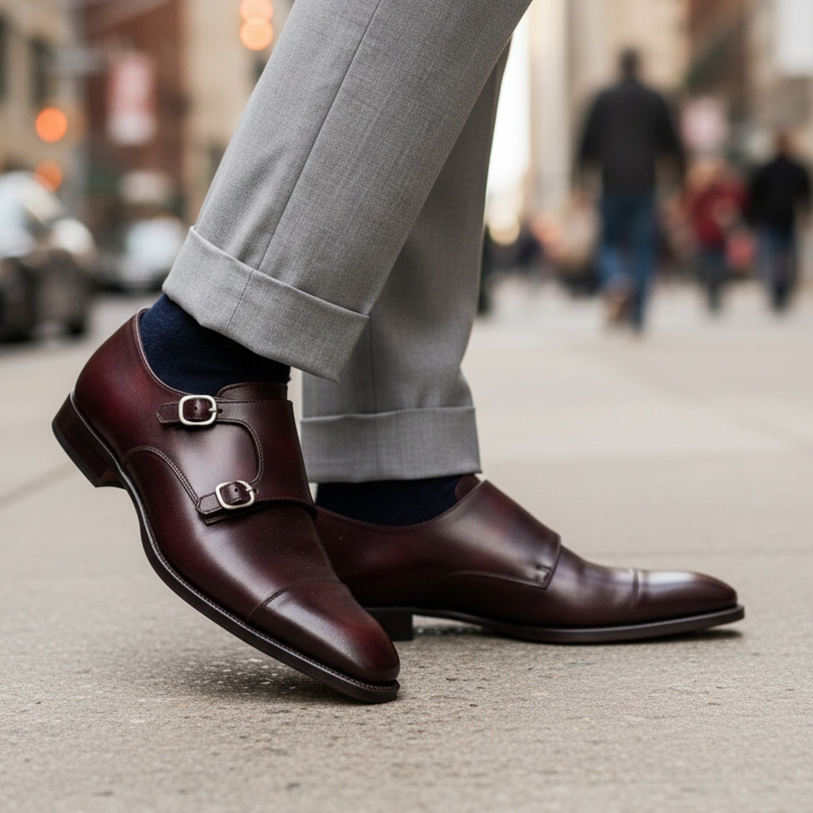 model-walking-street - Men's Brown Leather Double Buckle Oxford Dress Shoes