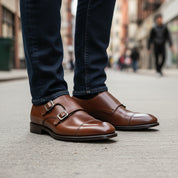 model-walking-street - Men's Brown Leather Double Buckle Oxford Shoes