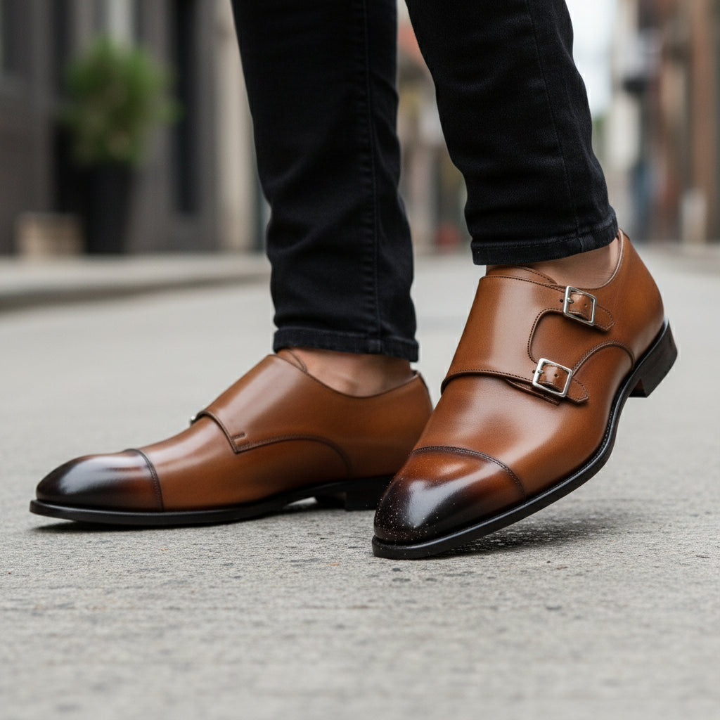 model-walking-street - Men's Brown Leather Double Buckle Oxford Shoes