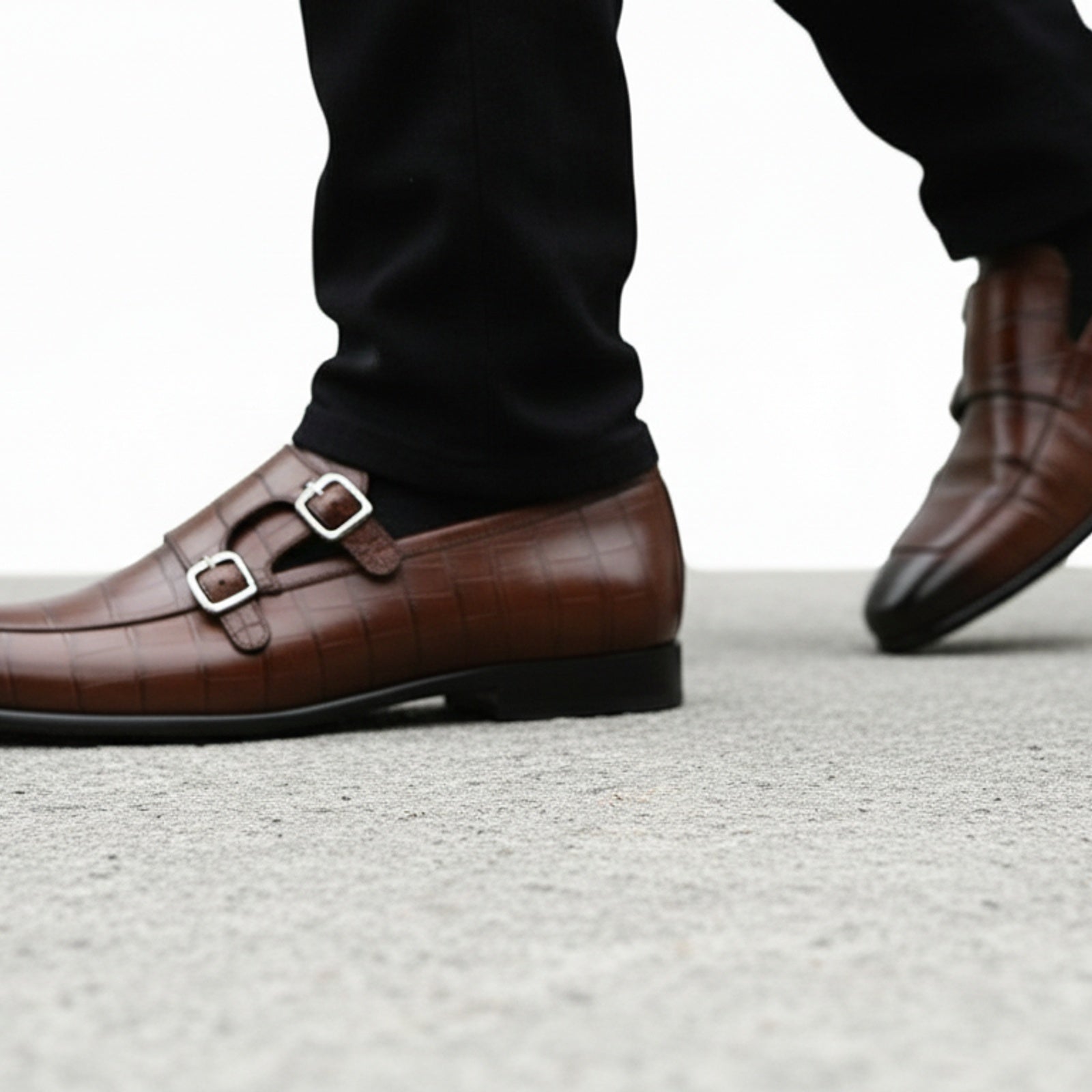 model-walking-street - Men's Brown Leather Double Buckle Penny Loafers
