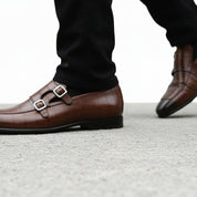 model-walking-street - Men's Brown Leather Double Buckle Penny Loafers
