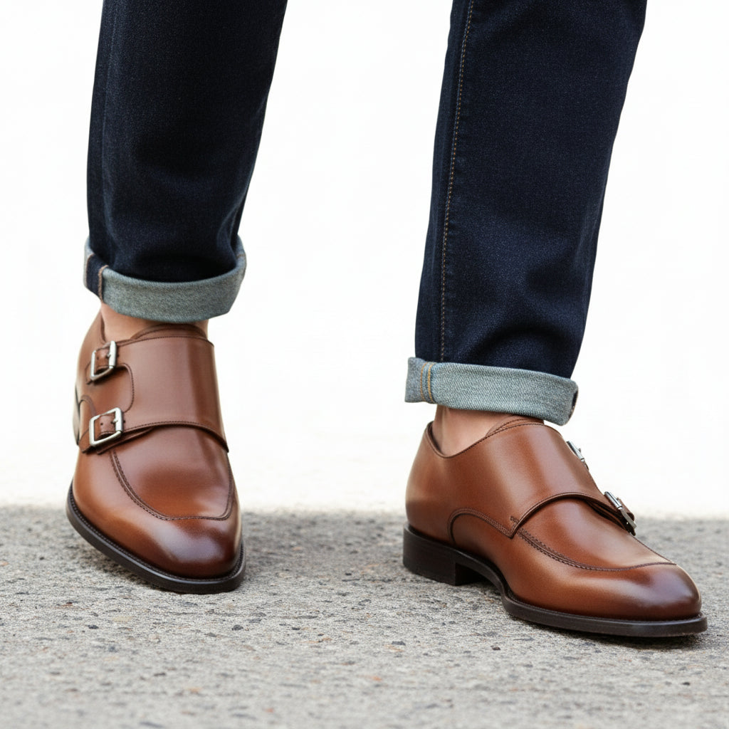 model-walking-street - Men's Brown Leather Double Monk Dress Shoes