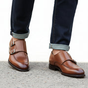 model-walking-street - Men's Brown Leather Double Monk Dress Shoes
