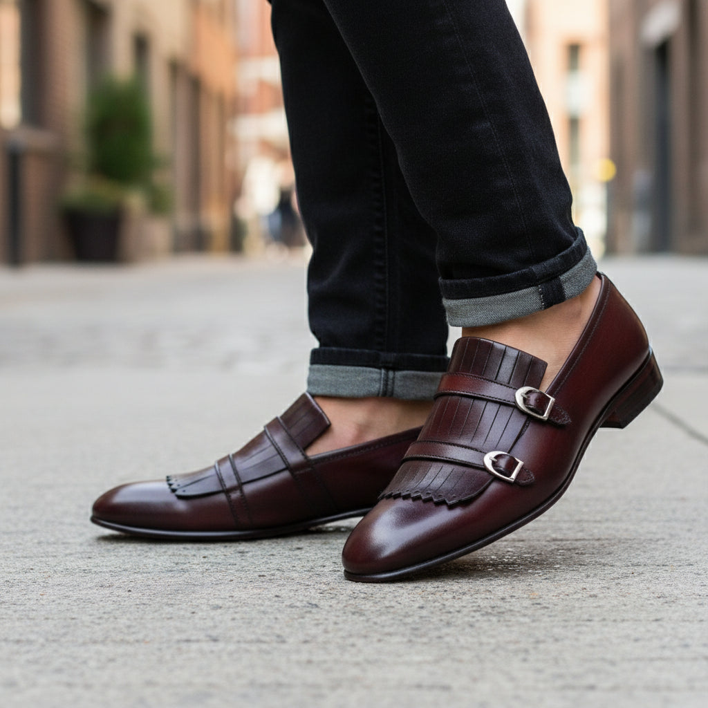 model-walking-street - Men's Brown Leather Double Monk Shoes