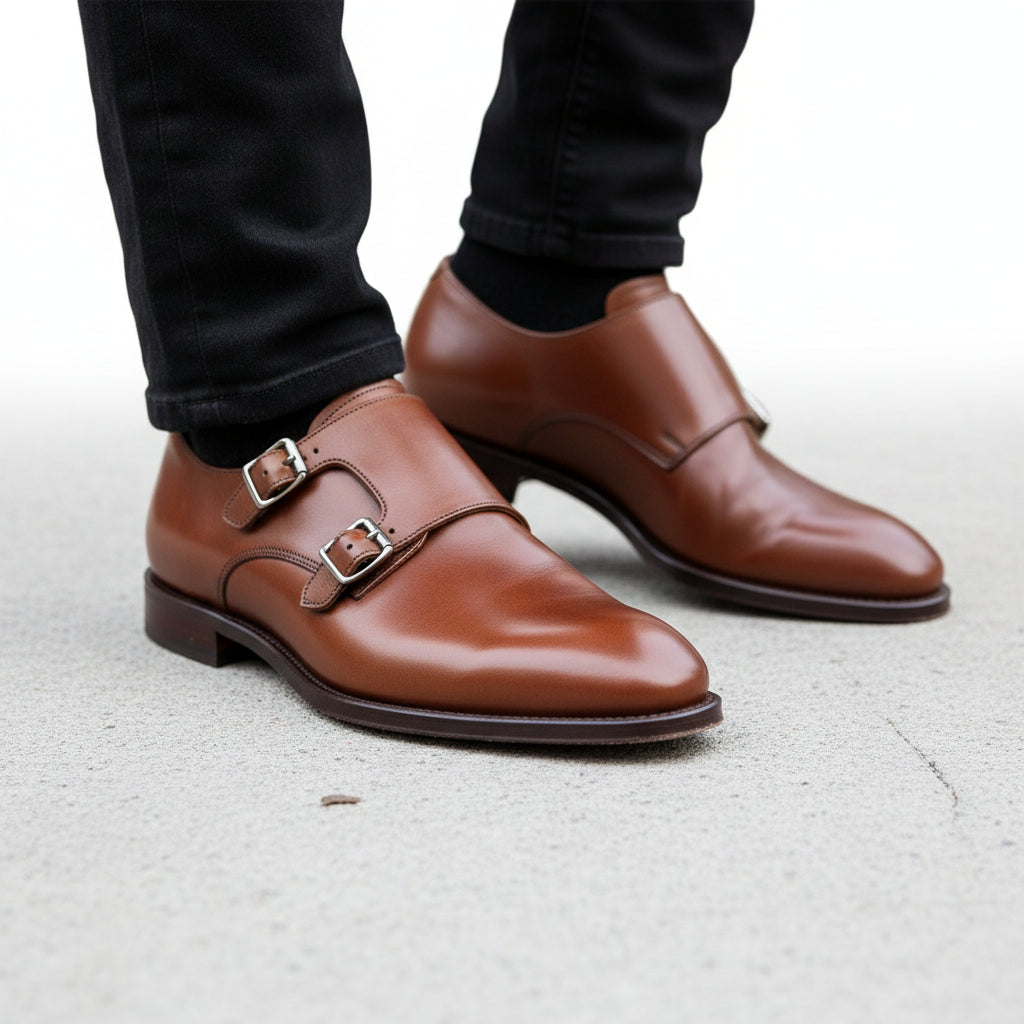Men's Brown Leather Double Monk Strap Dress Shoes - model-walking-street