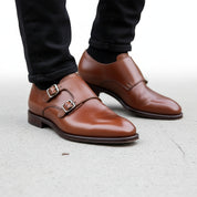 Men's Brown Leather Double Monk Strap Dress Shoes - model-walking-street