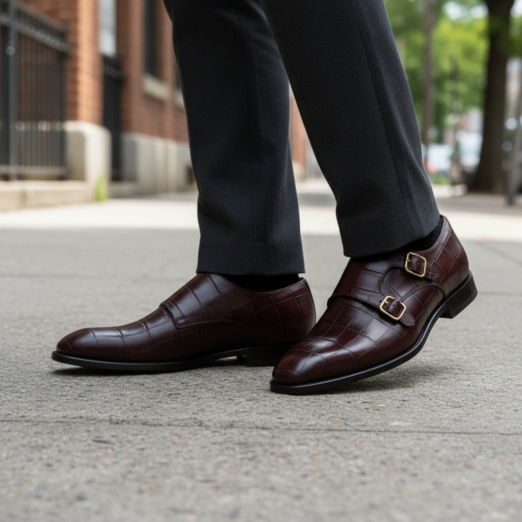 model-walking-street - Men's Brown Leather Double Monk Strap Shoes
