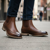 model-walking-street - Men's Brown Leather Dress Boots