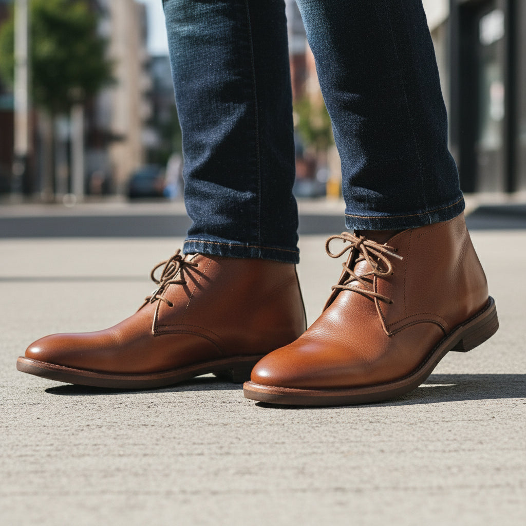model-walking-street - Men's Brown Leather Dress Boots