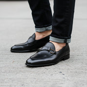 model-walking-street - Men's Brown Leather Dress Loafers