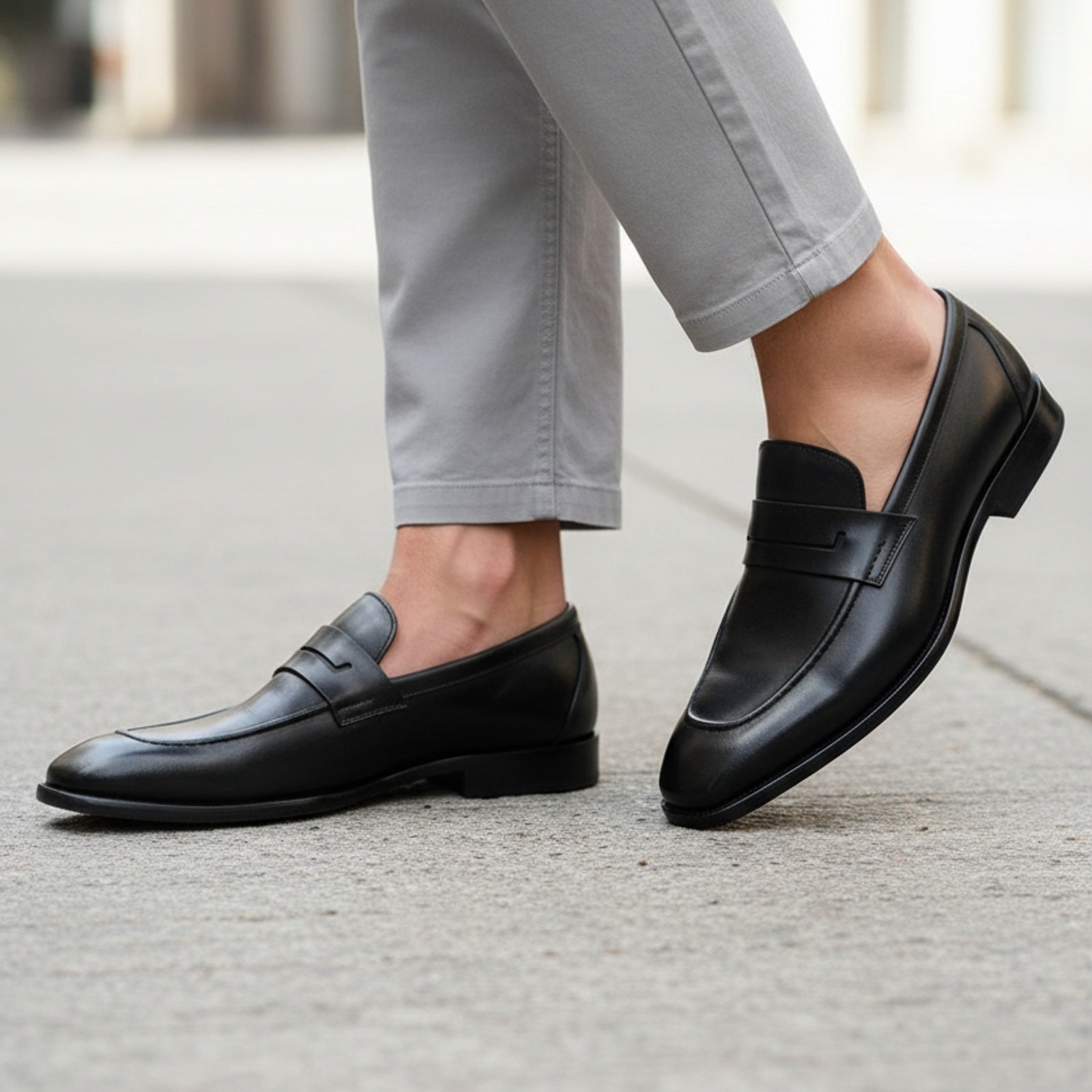 model-walking-street - Men's Brown Leather Dress Moccasins