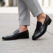 model-walking-street - Men's Brown Leather Dress Moccasins