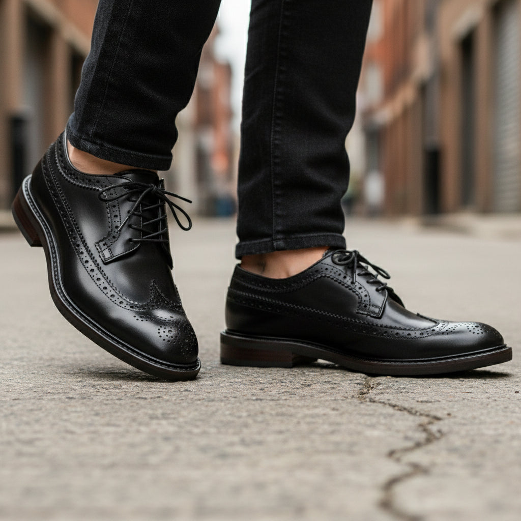 model-walking-street - Men's Brown Leather Dress Shoes