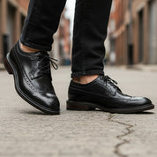 model-walking-street - Men's Brown Leather Dress Shoes