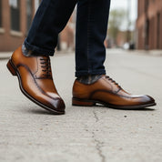 model-walking-street - Men's Brown Leather Dress Shoes