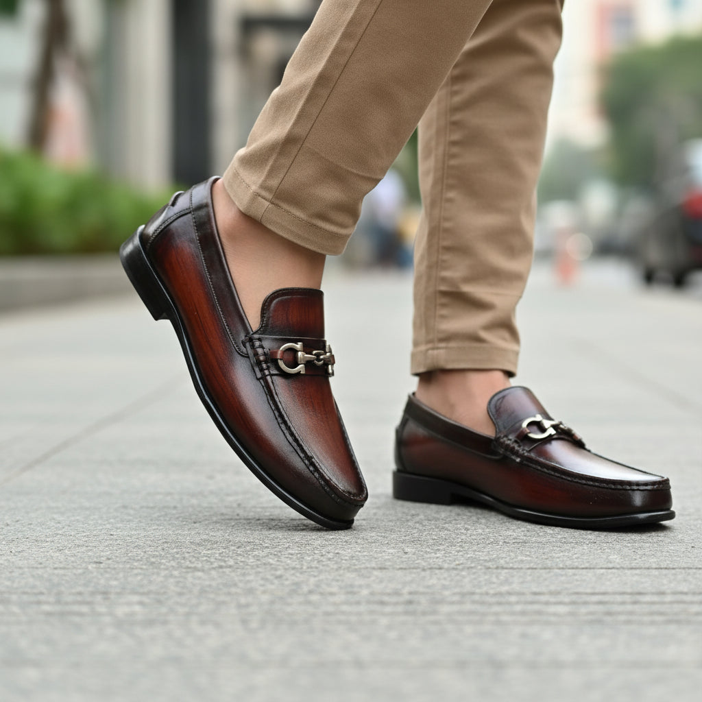 Men's Brown Leather Driving Shoes - model-walking-street