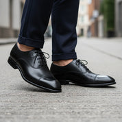 model-walking-street - Men's Brown Leather Formal Dress Shoes