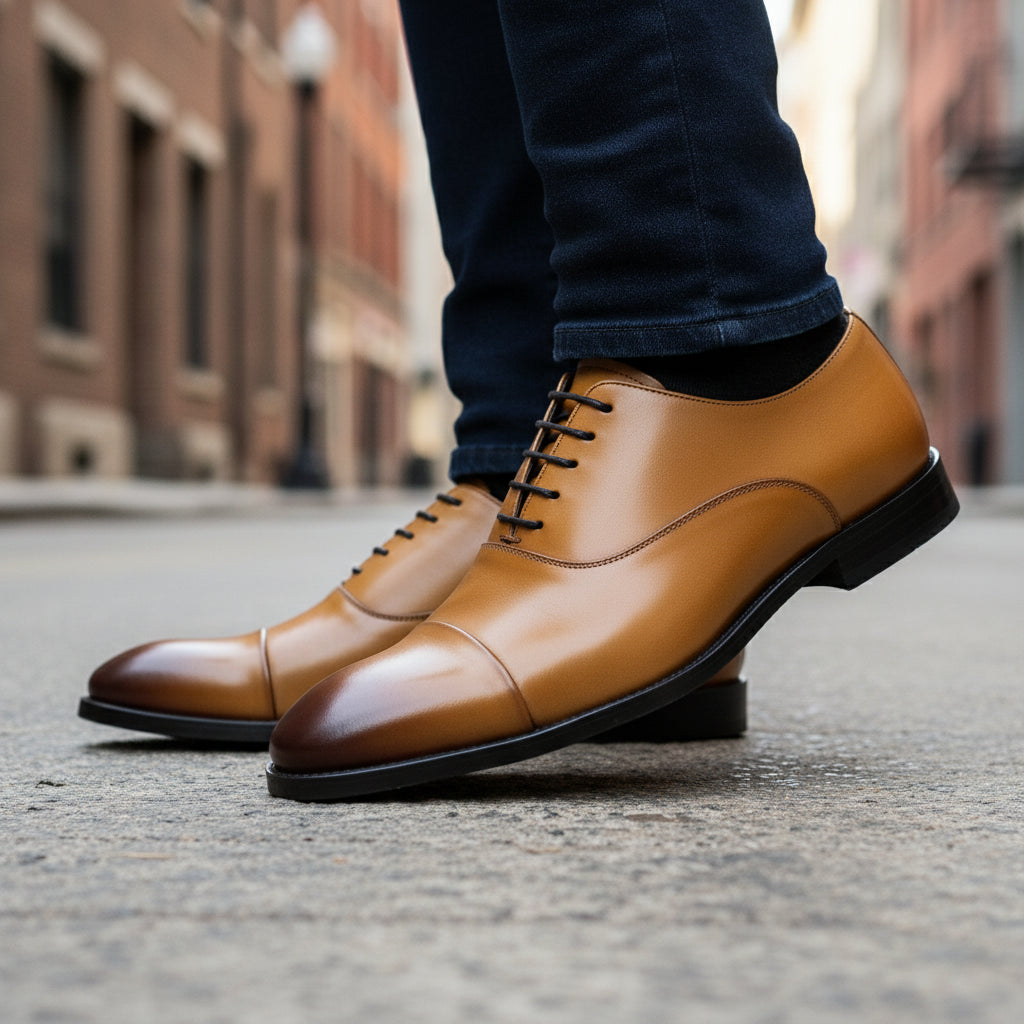 model-walking-street - Men's Brown Leather Formal Dress Shoes