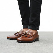model-walking-street - Men's Brown Leather Fringe Moccasins