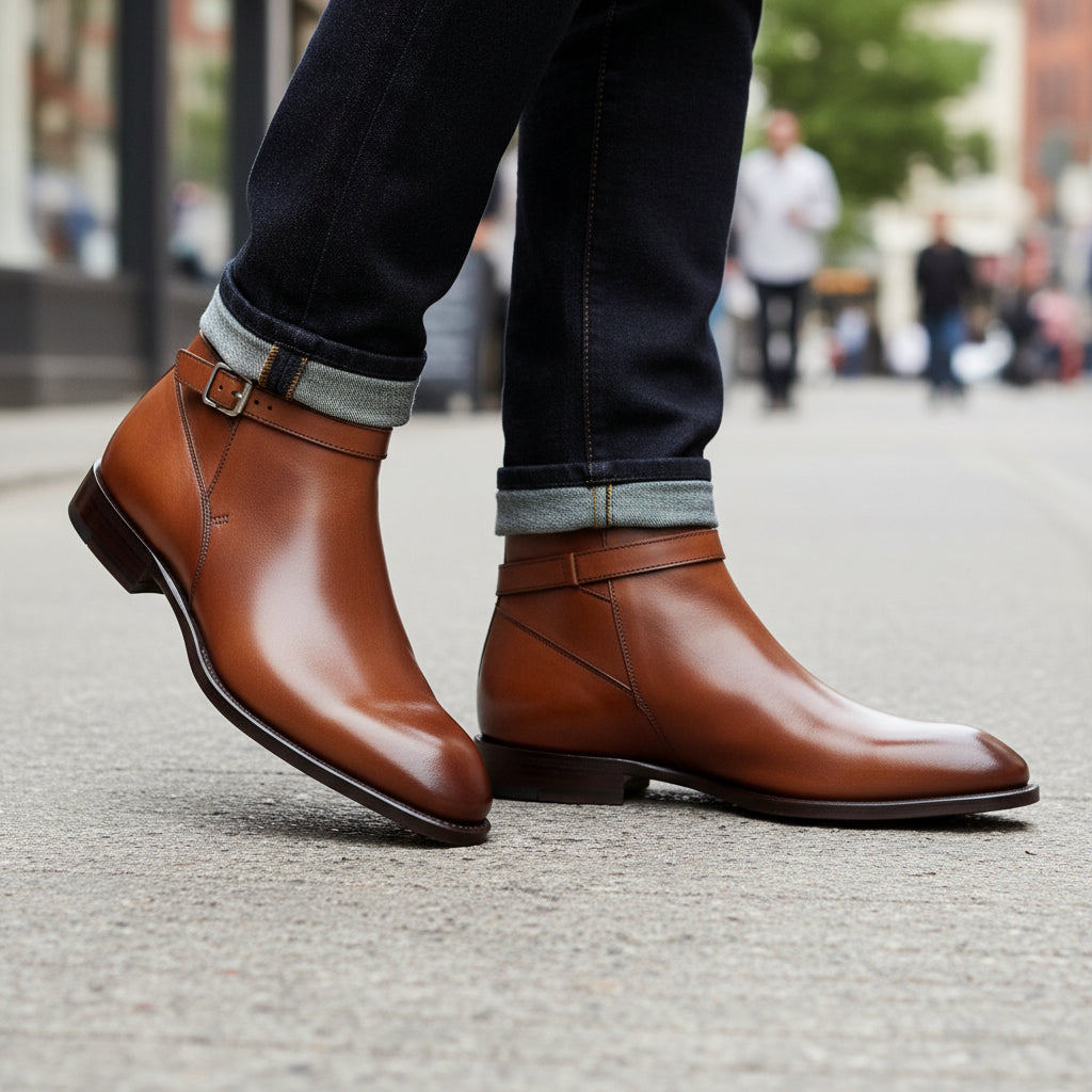 Men's Brown Leather Jodhpur Boots - model-walking-street