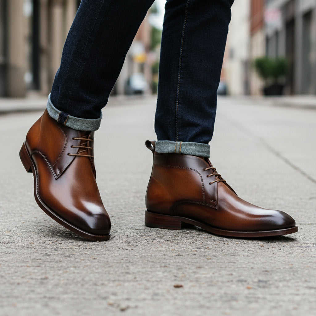 model-walking-street - Men's Brown Leather Lace-Up Ankle Boots