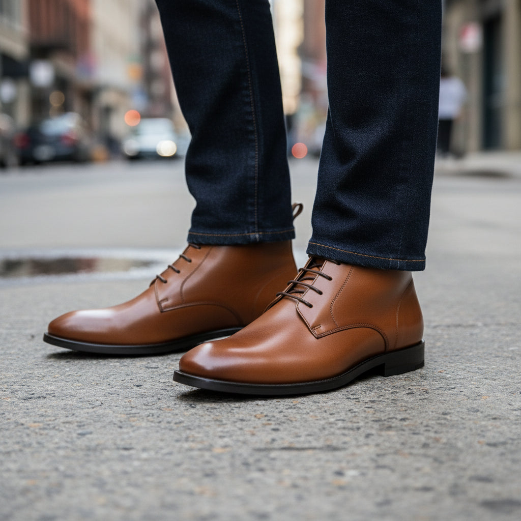 model-walking-street - Men's Brown Leather Lace-Up Ankle Boots