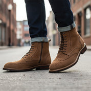 model-walking-street - Men's Brown Leather Lace-Up Boots