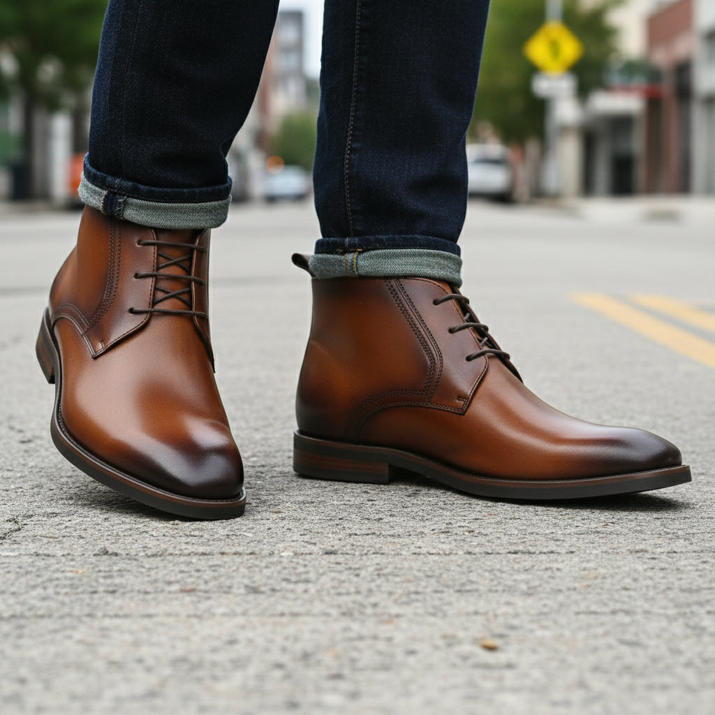 model-walking-street - Men's Brown Leather Lace-Up Boots