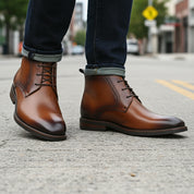 model-walking-street - Men's Brown Leather Lace-Up Boots