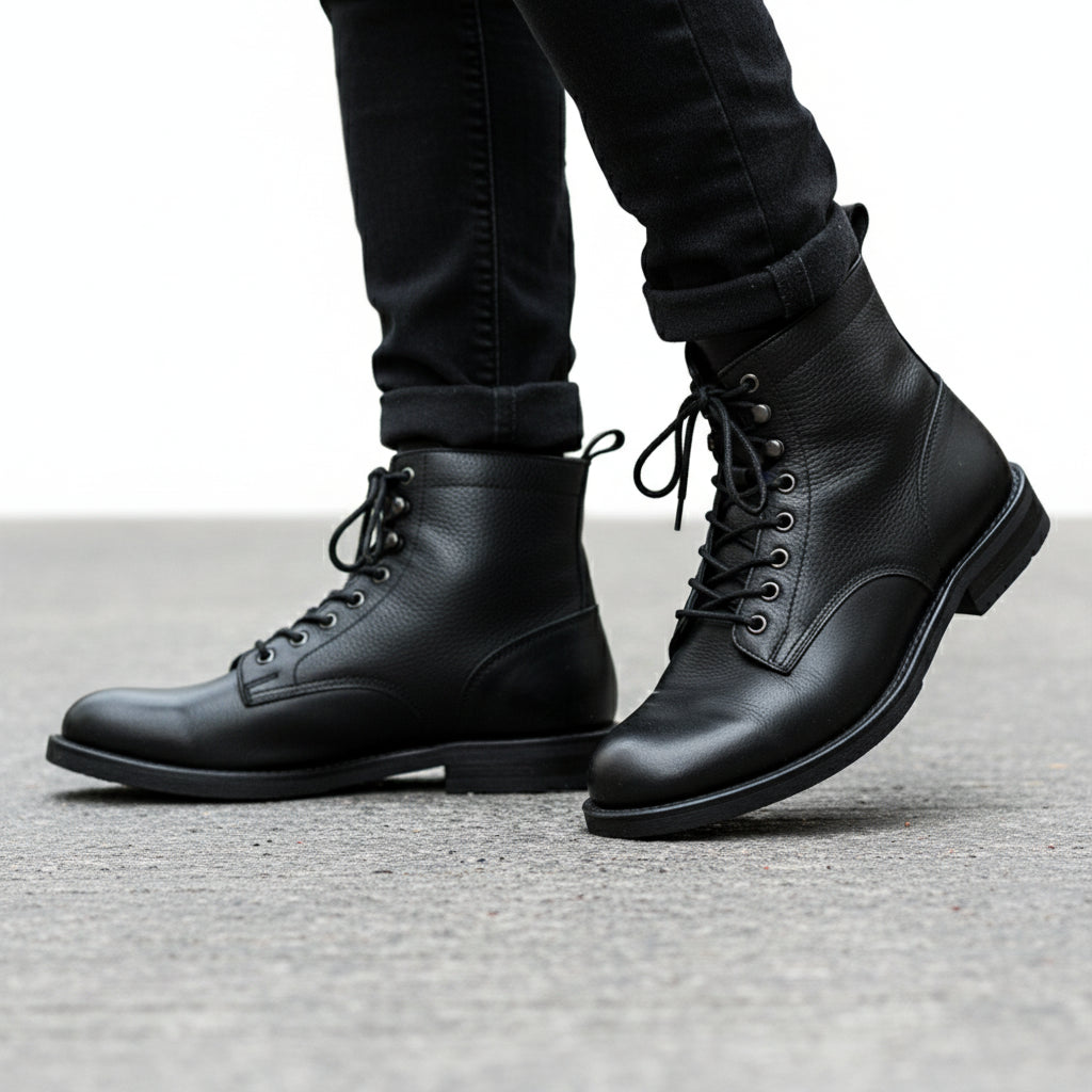 model-walking-street - Men's Brown Leather Lace-Up Boots