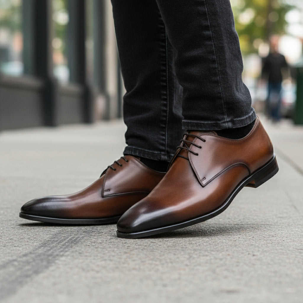 model-walking-street - Men's Brown Leather Lace-Up Dress Shoes