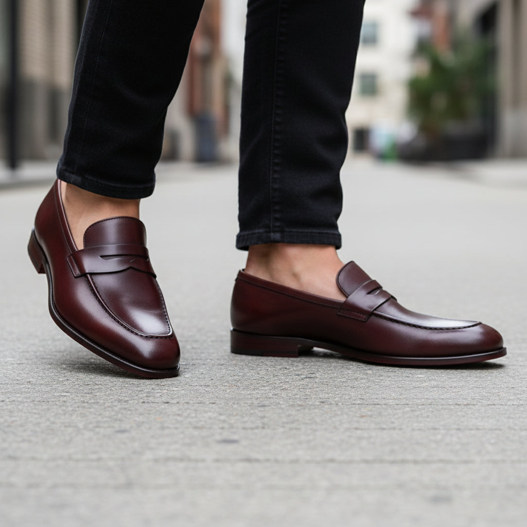 model-walking-street - Men's Brown Leather Loafer Moccasins