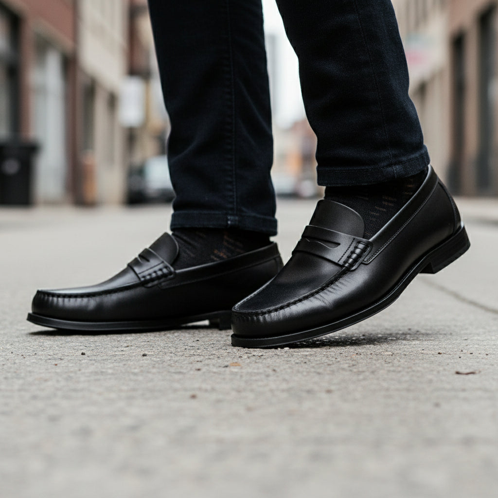 model-walking-street - Men's Brown Leather Loafer Shoes