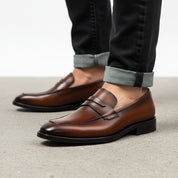 model-walking-street - Men's Brown Leather Loafer Shoes