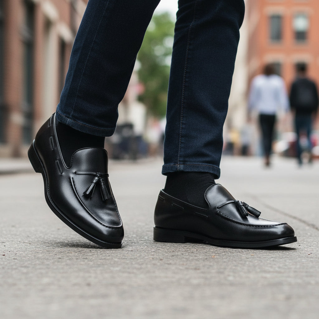model-walking-street - Men's Brown Leather Loafers